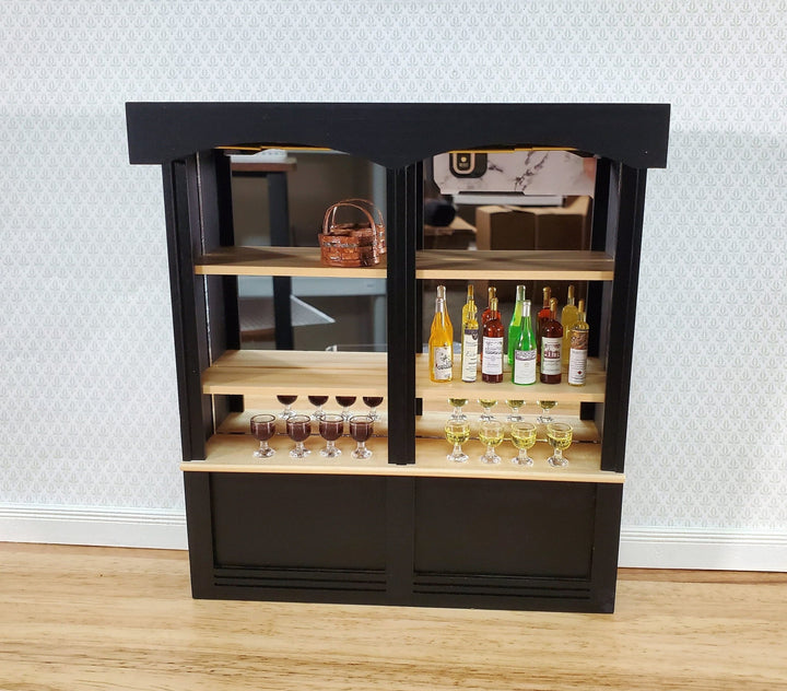 Dollhouse Bar or Shop Shelves Mirrored Back Black & Oak 1:12 Scale Miniature Large - Miniature Crush