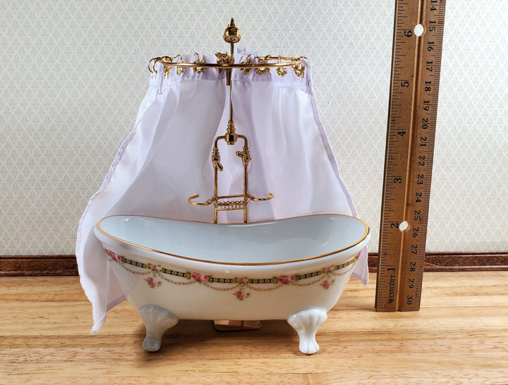 Dollhouse Bath with Shower & Curtain Victorian Rose Reutter Porcelain 1:12 Scale - Miniature Crush