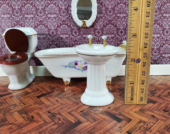 Dollhouse Bathroom Set Floral Design Tub Toilet Sink Mirror 1:12 Scale Miniature - Miniature Crush