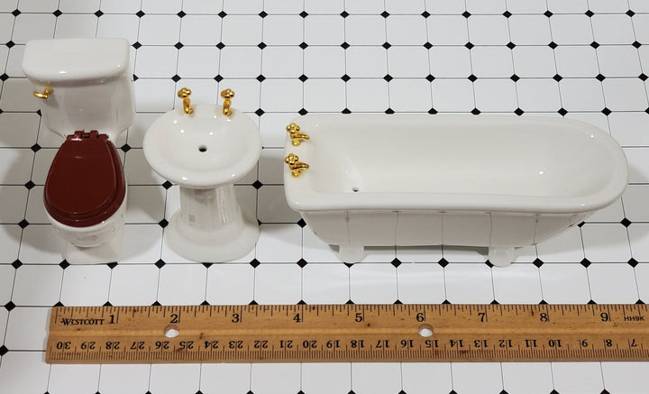 Dollhouse Bathroom Set Tub Toilet Sink All White Ceramic 3 Pieces 1:12 Scale Miniatures - Miniature Crush