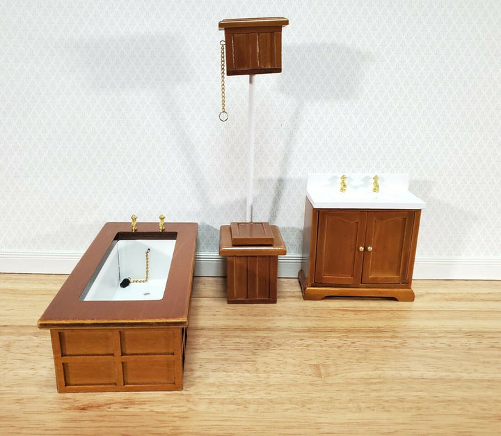 Dollhouse Bathroom Set Victorian Tub Toilet Sink Walnut Finish 1:12 Scale Miniature Furniture - Miniature Crush