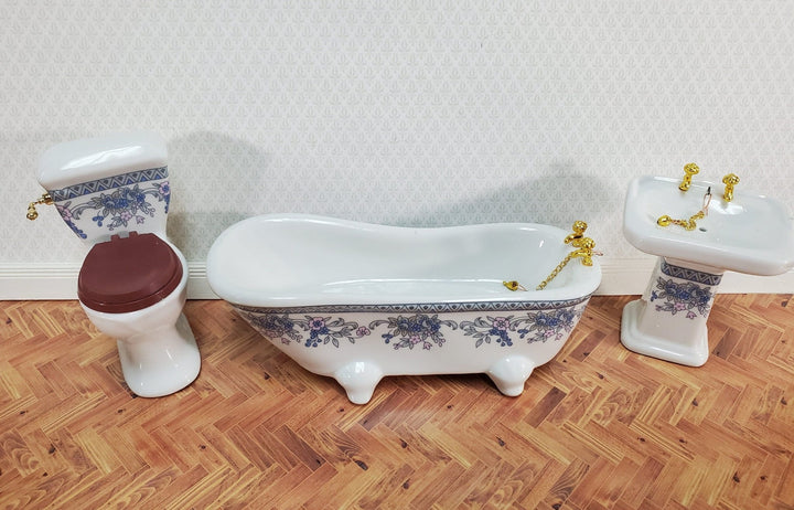 Dollhouse Bathroom Set White & Blue Ceramic Tub Toilet Sink 1:12 Scale Miniature - Miniature Crush