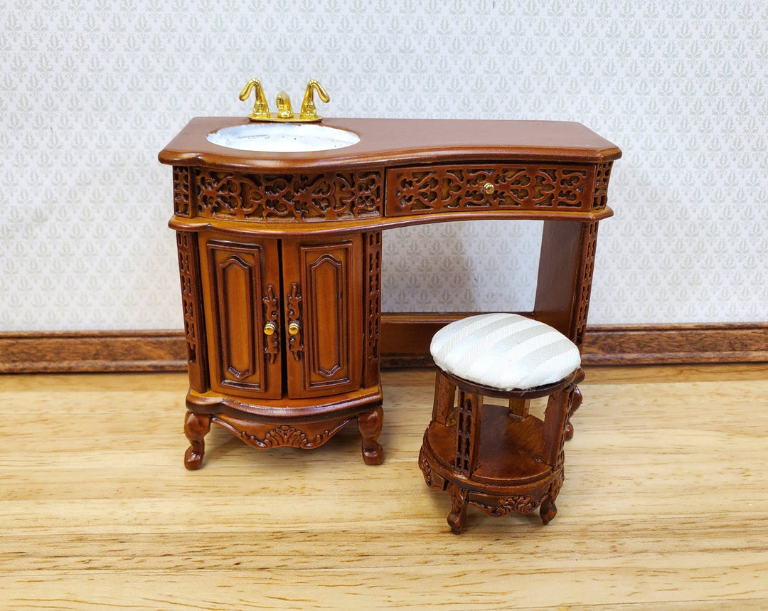 Dollhouse Bathroom Vanity Sink with Stool Walnut Finish 1:12 Scale Miniature Furniture - Miniature Crush