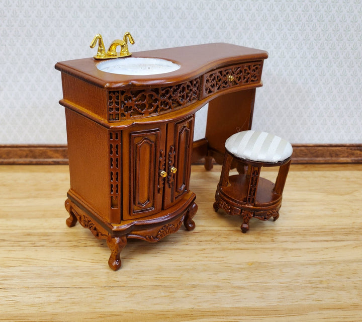 Dollhouse Bathroom Vanity Sink with Stool Walnut Finish 1:12 Scale Miniature Furniture - Miniature Crush