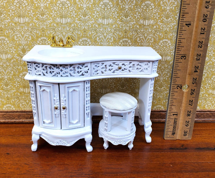 Dollhouse Bathroom Vanity Sink with Stool White Wood 1:12 Scale Miniature Furniture - Miniature Crush