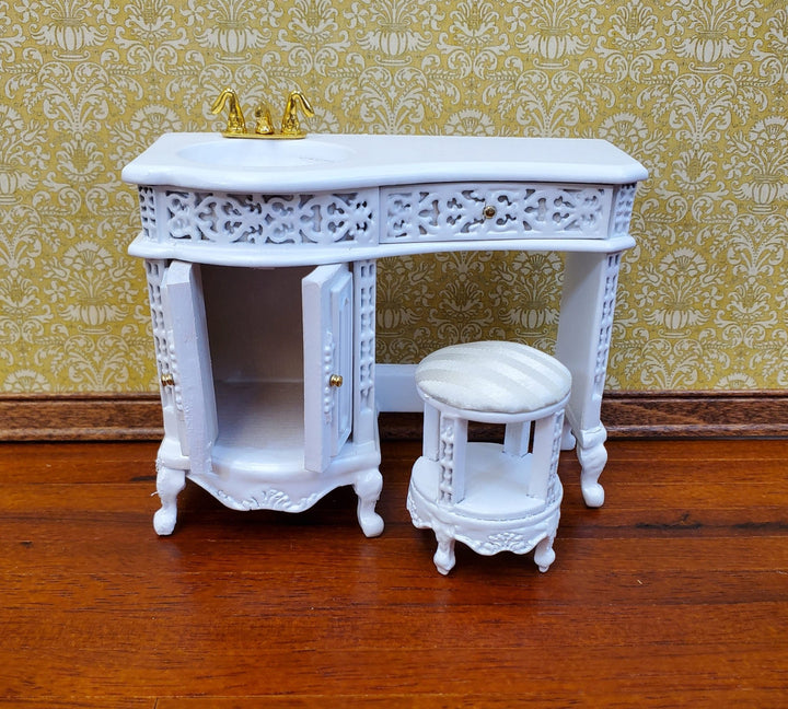 Dollhouse Bathroom Vanity Sink with Stool White Wood 1:12 Scale Miniature Furniture - Miniature Crush