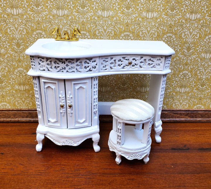 Dollhouse Bathroom Vanity Sink with Stool White Wood 1:12 Scale Miniature Furniture - Miniature Crush