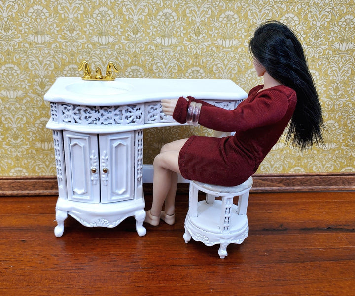 Dollhouse Bathroom Vanity Sink with Stool White Wood 1:12 Scale Miniature Furniture - Miniature Crush