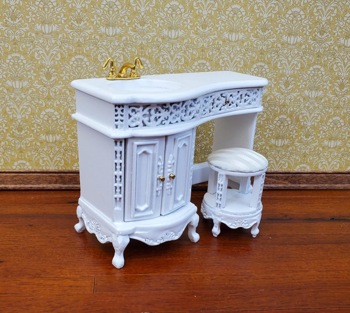 Dollhouse Bathroom Vanity Sink with Stool White Wood 1:12 Scale Miniature Furniture - Miniature Crush