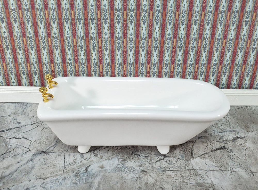 Dollhouse Bathtub Gold Faucets White Ceramic 1:12 Scale Miniature Bathroom Tub - Miniature Crush