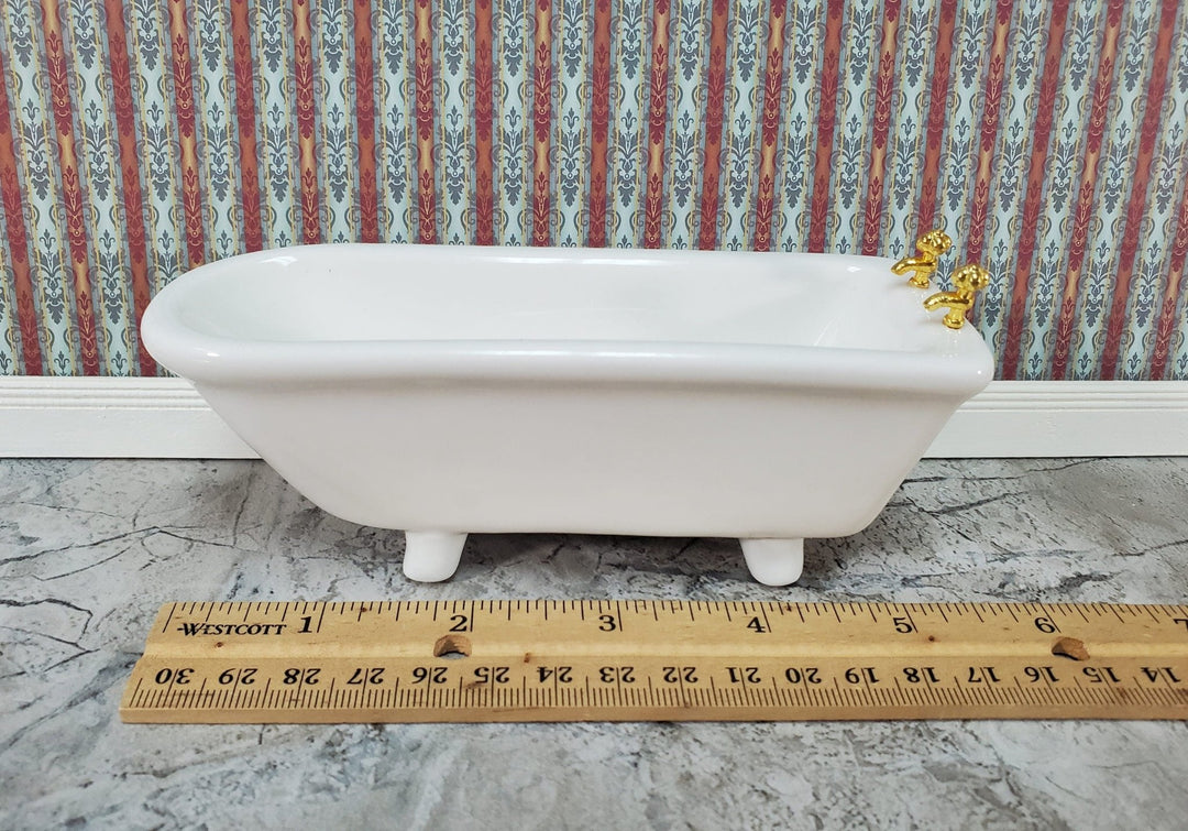 Dollhouse Bathtub Gold Faucets White Ceramic 1:12 Scale Miniature Bathroom Tub - Miniature Crush