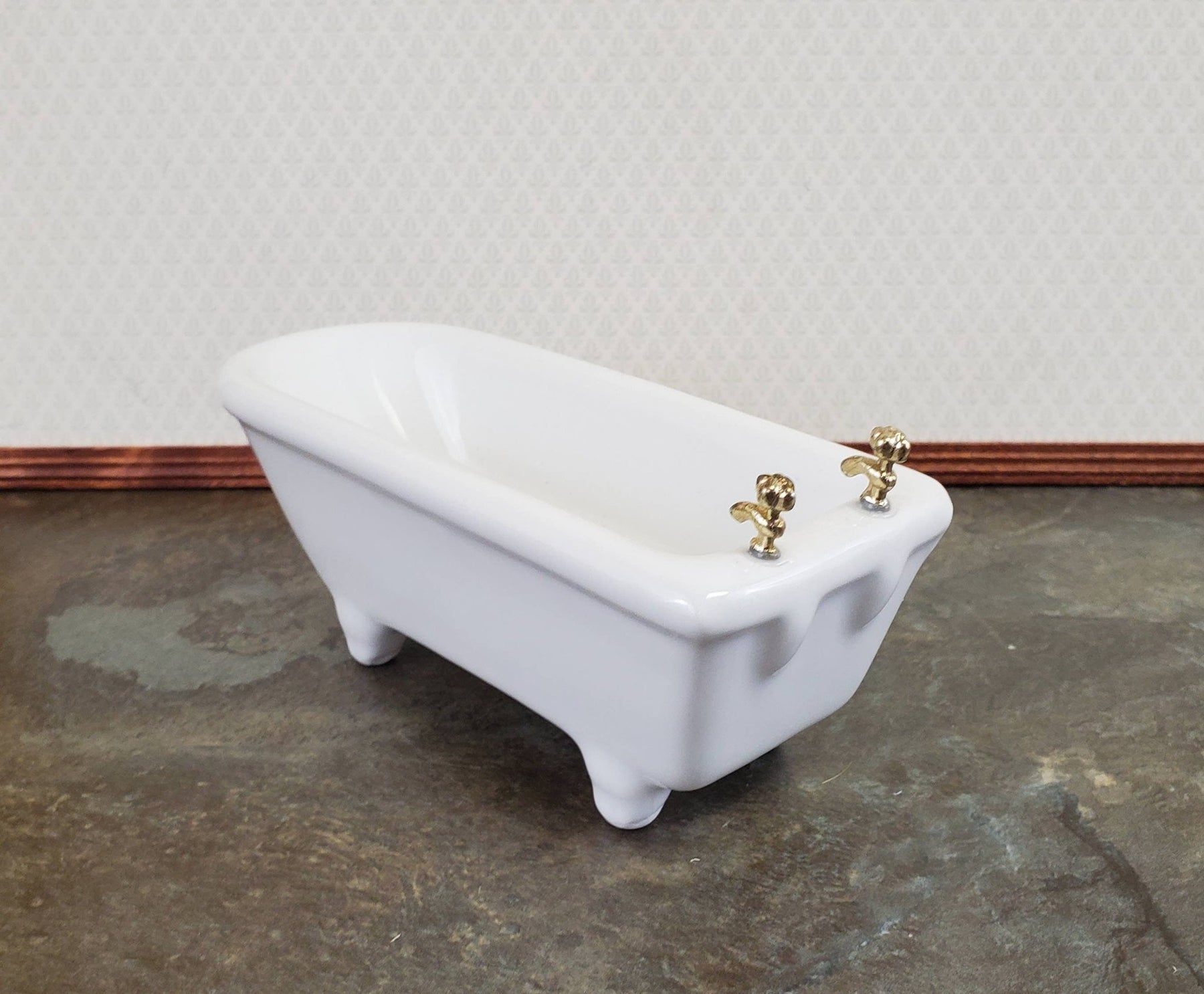 1/12 Miniature Ceramic White Bathtub With Gold Clawfoot 