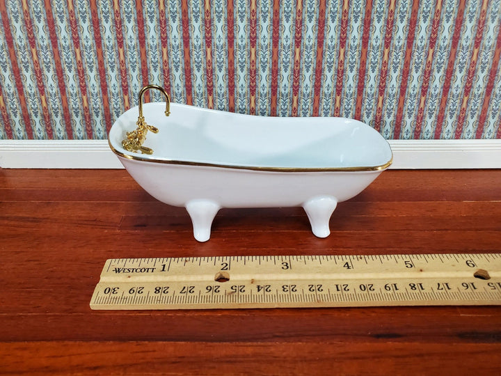 Dollhouse Bathtub Tub Reutter Porcelain White & Gold 1:12 Scale Miniature Bathroom - Miniature Crush