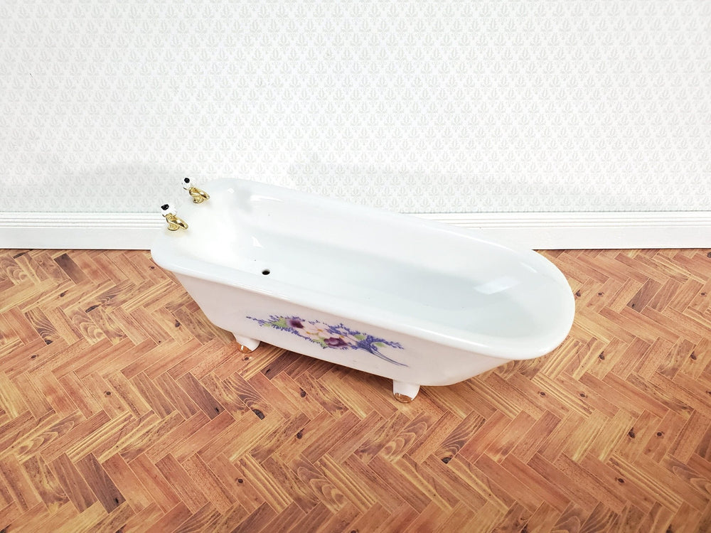 Dollhouse Bathtub White Ceramic with Floral Decor 1:12 Scale Miniature Bathroom Tub - Miniature Crush