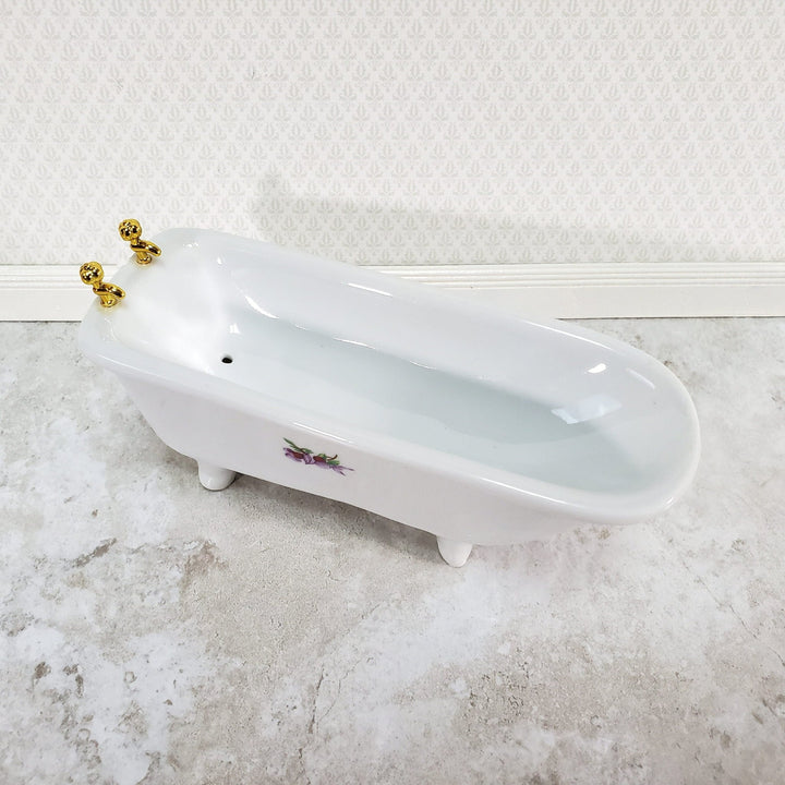 Dollhouse Bathtub White Ceramic with Purple Flowers 1:12 Scale Bathroom Tub - Miniature Crush