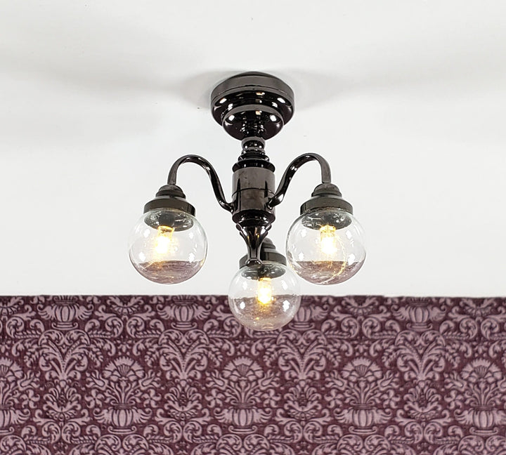 Dollhouse Battery Ceiling Light 3 Arm Globe Chandelier Black Chrome 1:12 Scale - Miniature Crush