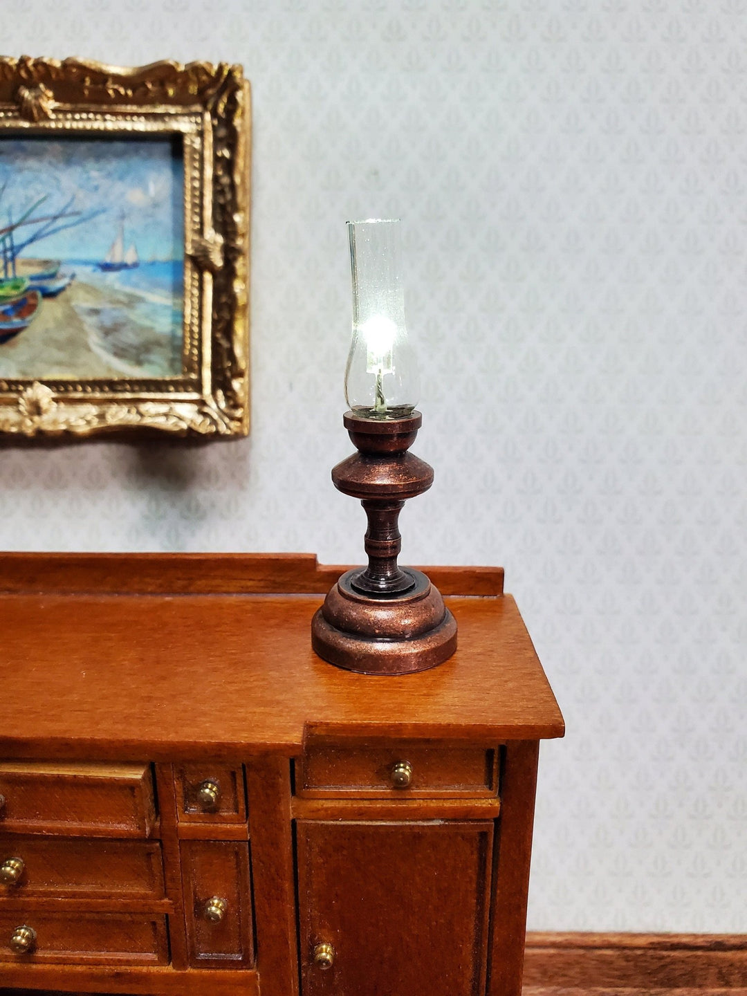Dollhouse Battery Light Hurricane Lantern Table Lamp Bronze 1:12 Scale Miniature - Miniature Crush