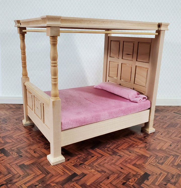 Dollhouse Bed 4 Poster Canopy Tudor Style Unpainted Wood 1:12 Scale Miniature Bedroom Furniture - Miniature Crush