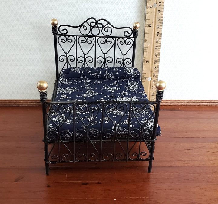 Dollhouse Bed Black Metal Wire with Mattress Mattress Queen Size 1:12 Scale Furniture - Miniature Crush