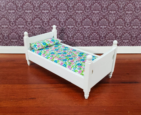 Dollhouse Bed Small Childs Size White with Floral Mattress Pillow Sheets 1:12 Scale Miniature Furniture - Miniature Crush