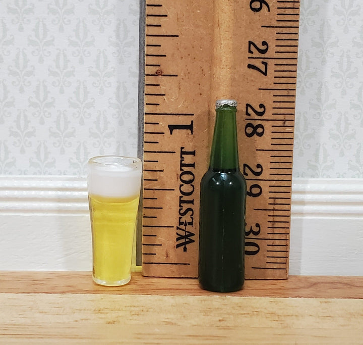 Dollhouse Beer Bottle Ale and Filled Glass Foamy Head Large Miniatures Food - Miniature Crush