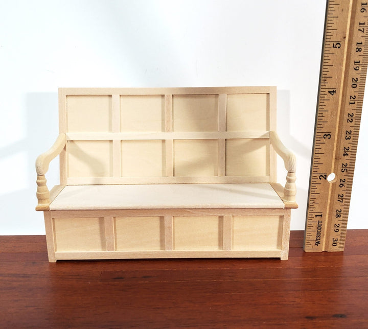 Dollhouse Bench Tudor Gothic Style with High Back Unpainted Wood Open Seat 1:12 Scale Furniture - Miniature Crush
