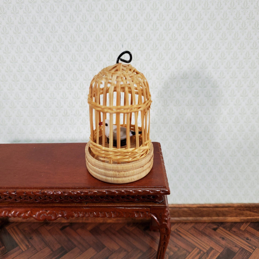 Dollhouse Birdcage Wicker Bamboo Cage with White Bird 1:12 Scale Miniature - Miniature Crush