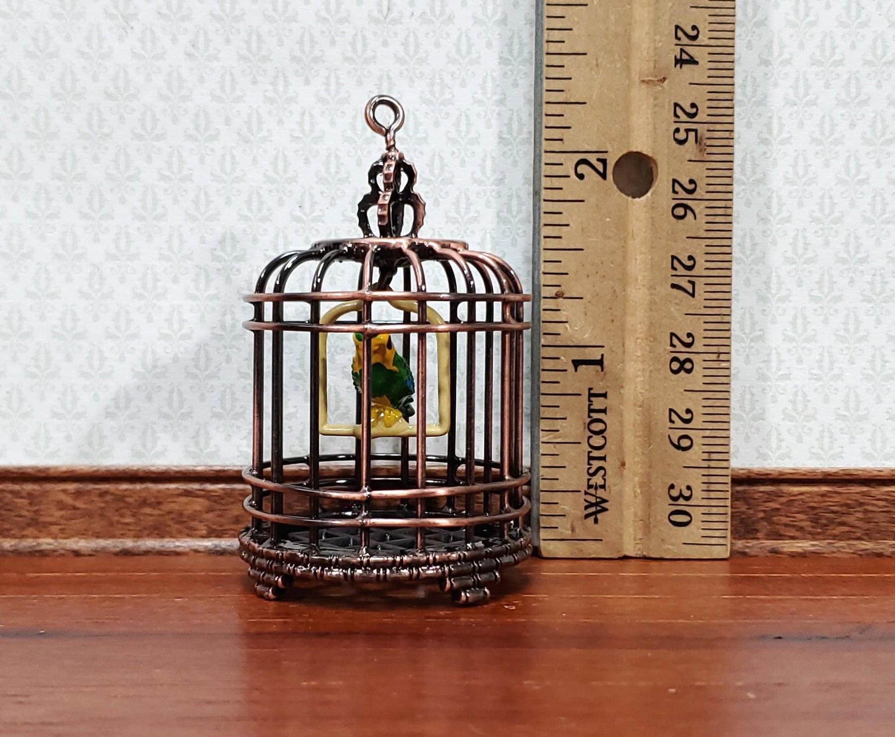 Dollhouse Birdcage with Parrot or Parakeet Bird Bronze Metal Cage ...