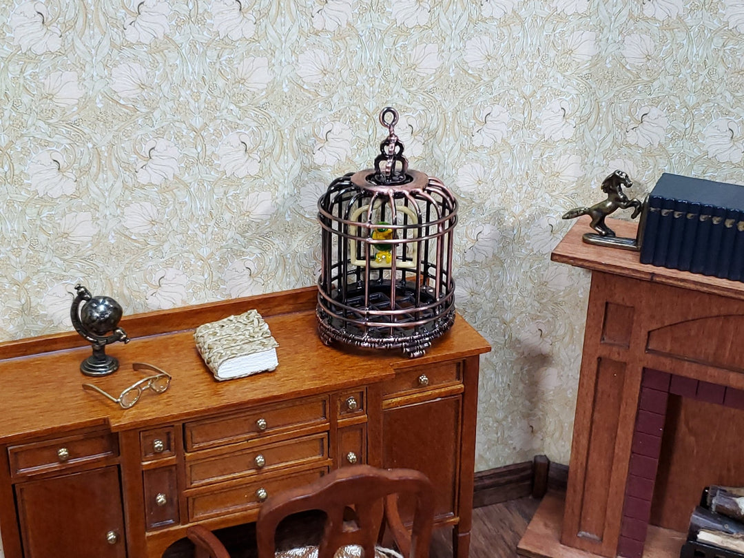 Dollhouse Birdcage with Parrot or Parakeet Bird Bronze Metal Cage Miniature - Miniature Crush