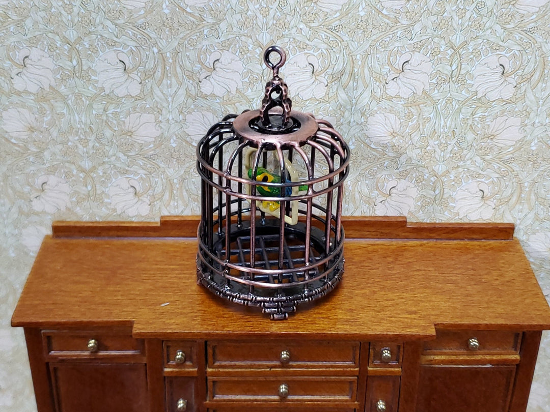 Dollhouse Birdcage with Parrot or Parakeet Bird Bronze Metal Cage Miniature - Miniature Crush