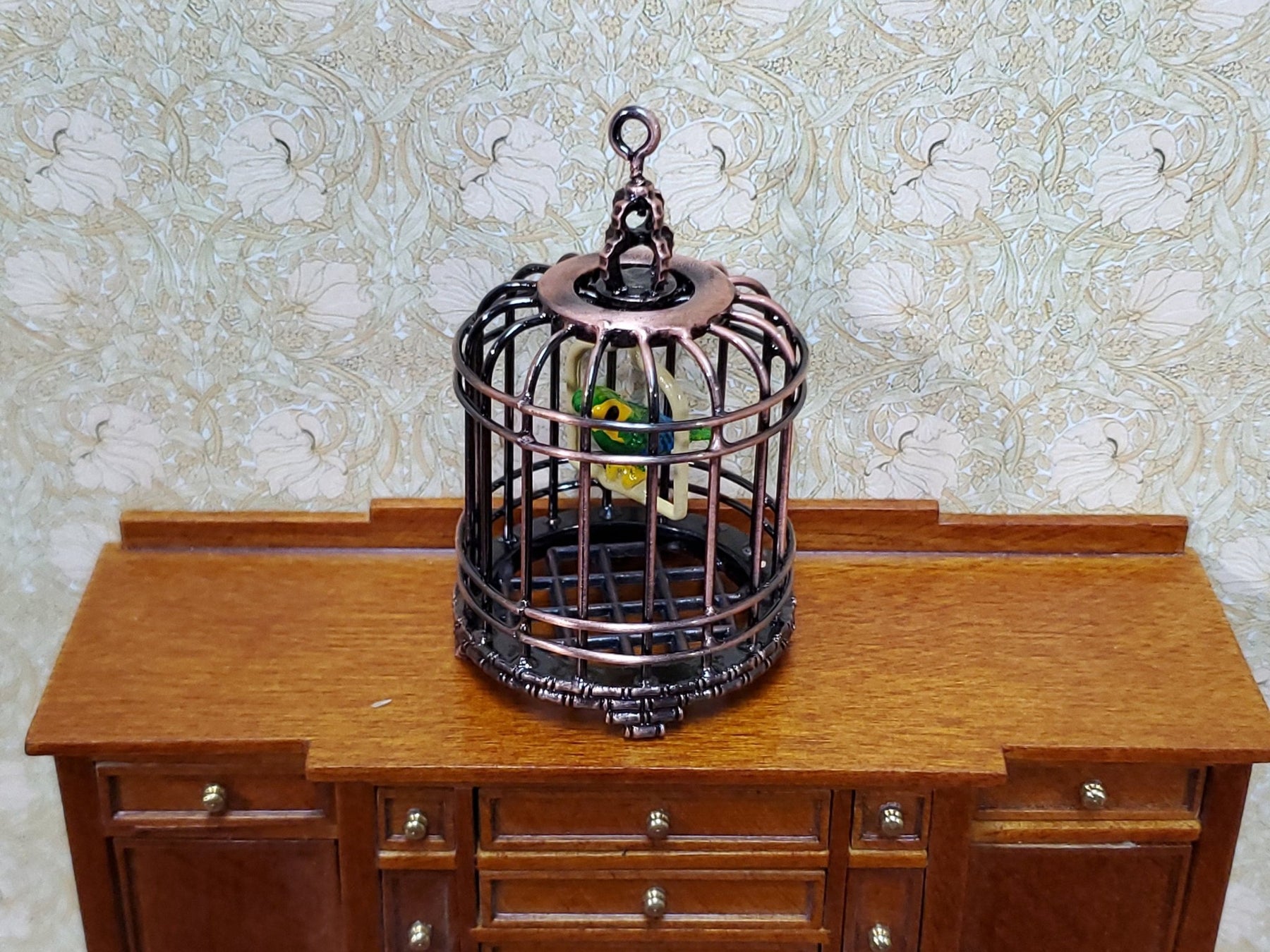Dollhouse Birdcage with Parrot or Parakeet Bird Bronze Metal Cage ...