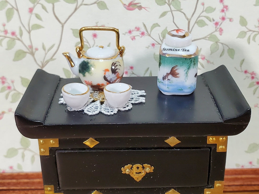 Dollhouse Black & Gold Asian Style Table with Tea Accessories Reutter Porcelain 1:12 Scale Miniature Furniture - Miniature Crush