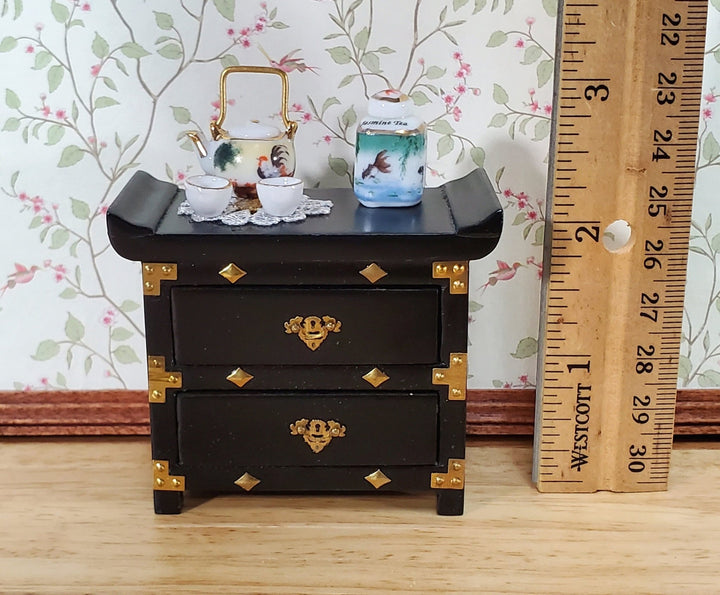Dollhouse Black & Gold Asian Style Table with Tea Accessories Reutter Porcelain 1:12 Scale Miniature Furniture - Miniature Crush