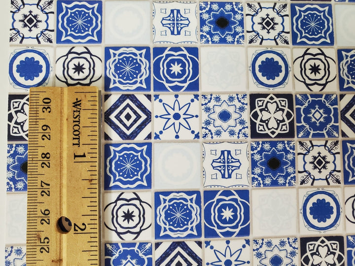 Dollhouse Blue and White Tile Square Mediterranean Style Embossed Card Miniature Flooring - Miniature Crush