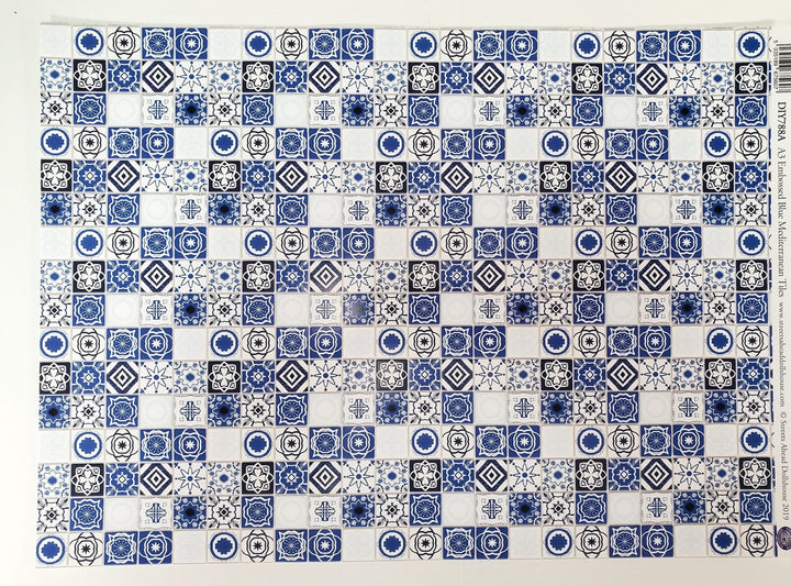 Dollhouse Blue and White Tile Square Mediterranean Style Embossed Card Miniature Flooring - Miniature Crush