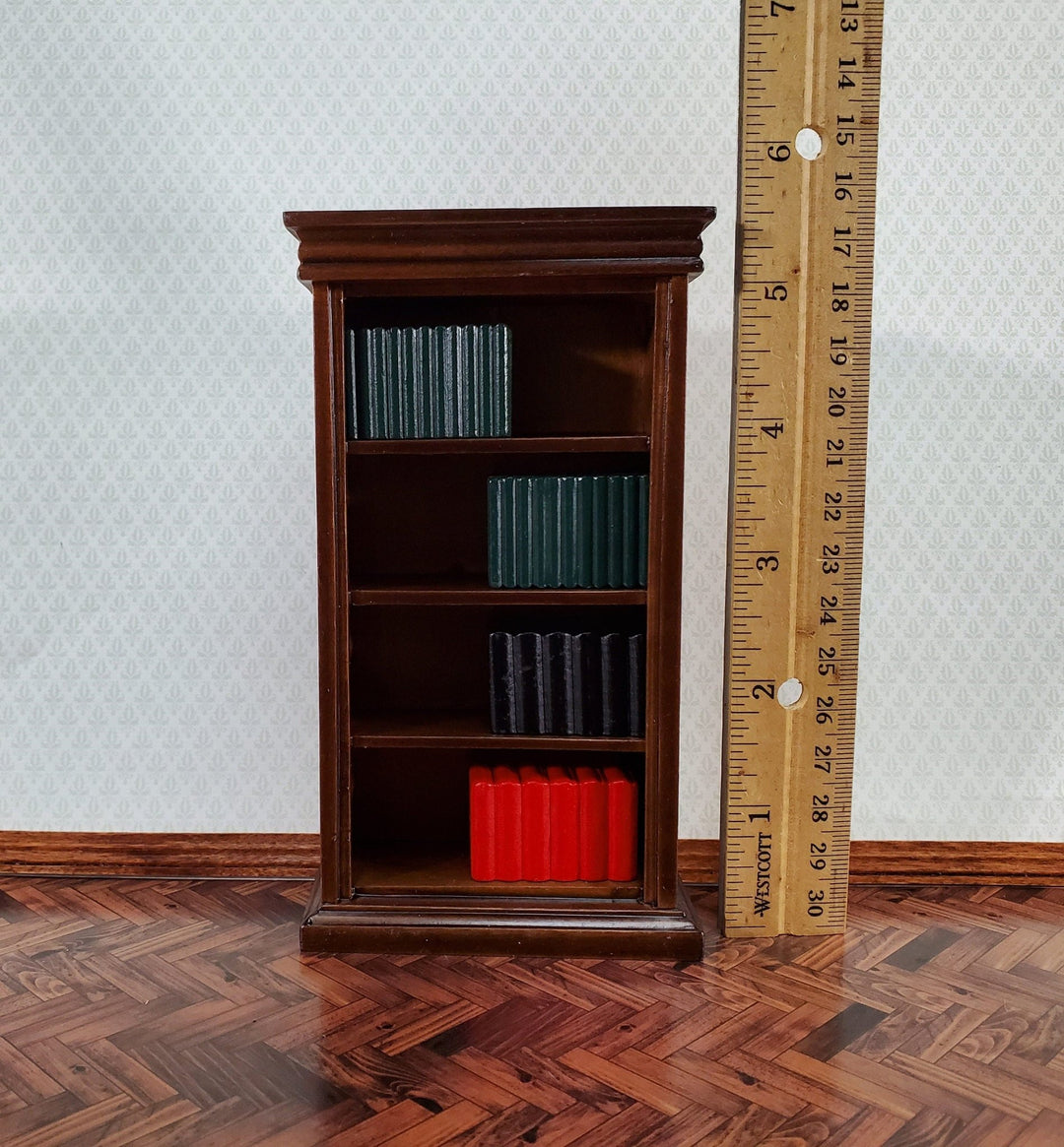 Dollhouse Bookcase 4 Shelves with Books Walnut Finish 1:12 Scale Miniature Furniture Bookshelf - Miniature Crush