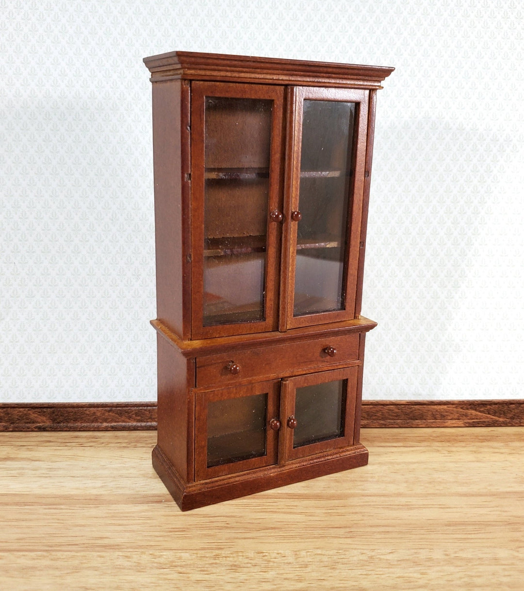 Dollhouse Bookcase Display Cabinet Hutch with Doors Walnut Finish 1:12 Scale Furniture - Miniature Crush