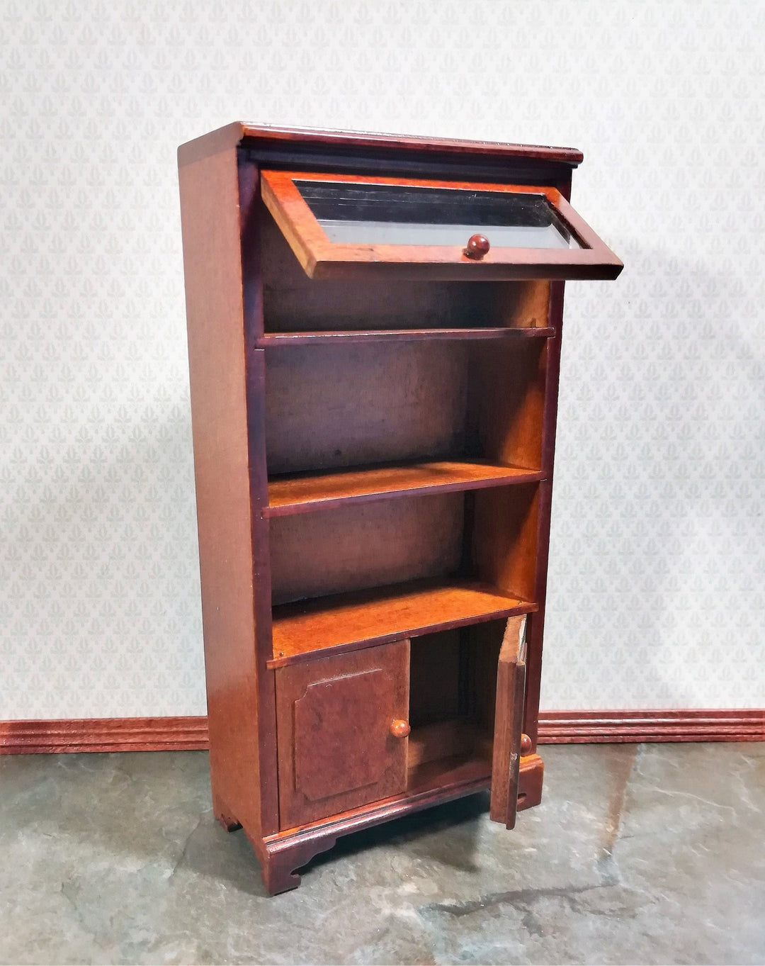 Dollhouse Bookcase Lift Up Door Walnut Finish 1:12 Scale Miniature Furniture Bookshelf - Miniature Crush