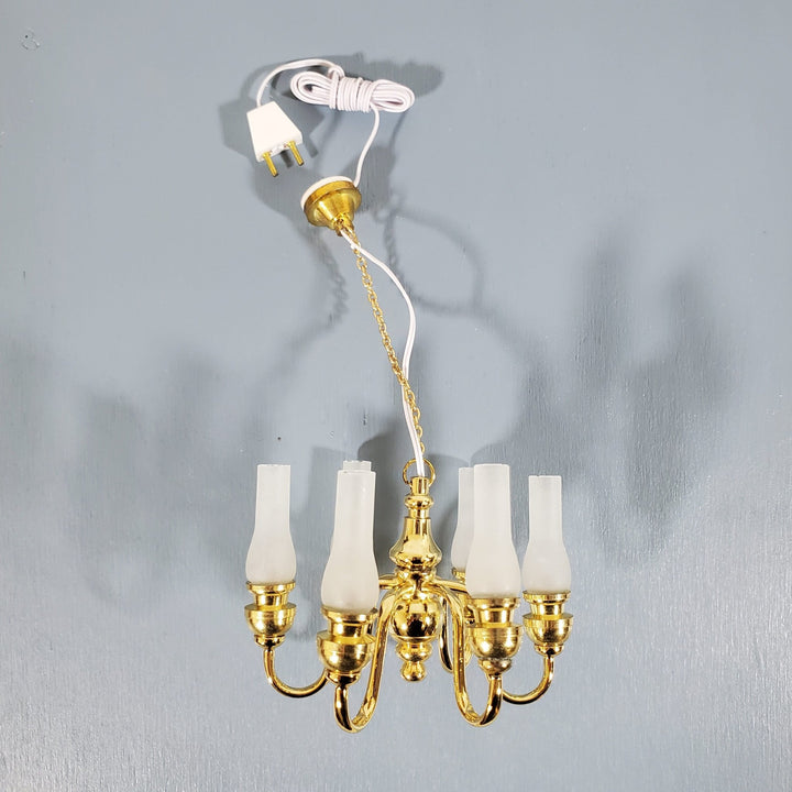 Dollhouse Brass Chandelier 6 Arm with Frosted Shades 12 Volt Electric 1:12 Scale Miniature - Miniature Crush