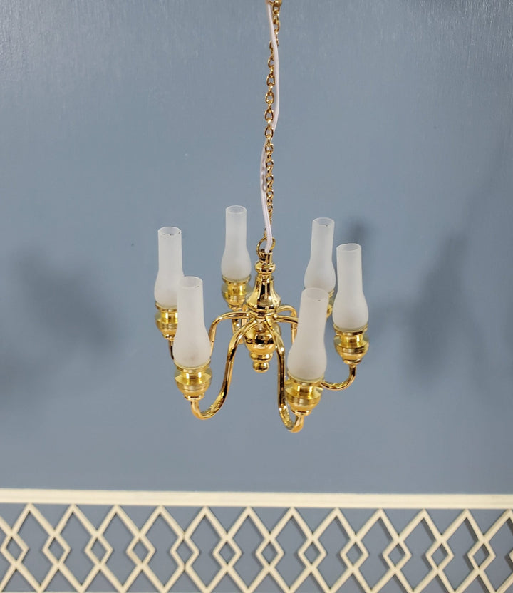 Dollhouse Brass Chandelier 6 Arm with Frosted Shades 12 Volt Electric 1:12 Scale Miniature - Miniature Crush