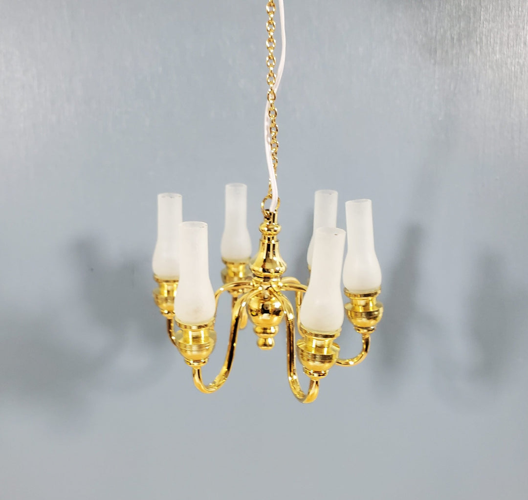 Dollhouse Brass Chandelier 6 Arm with Frosted Shades 12 Volt Electric 1:12 Scale Miniature - Miniature Crush