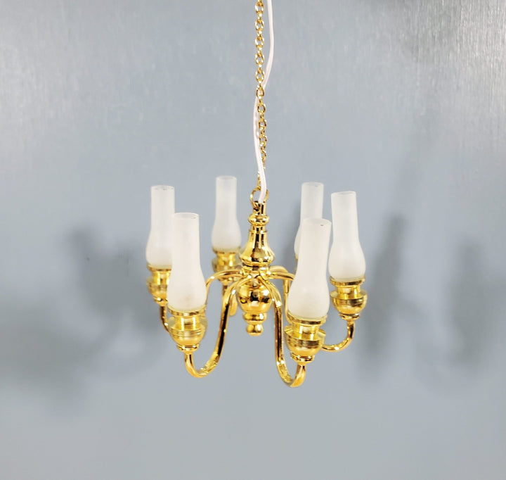 Dollhouse Brass Chandelier 6 Arm with Frosted Shades 12 Volt Electric 1:12 Scale Miniature - Miniature Crush