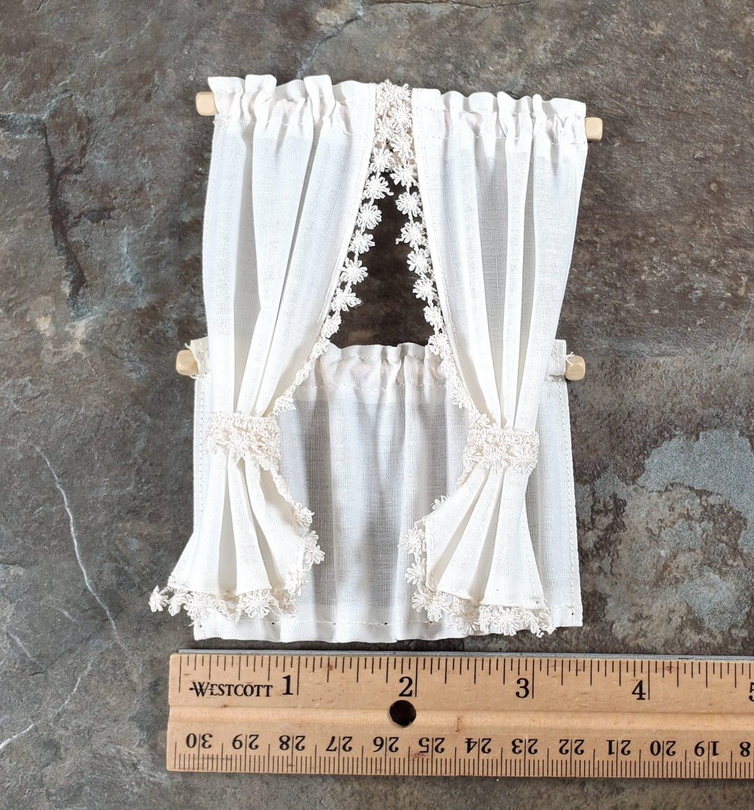 Dollhouse Cafe Curtains Ecru with Lace & Curtain Rod 1:12 Scale Miniature - Miniature Crush