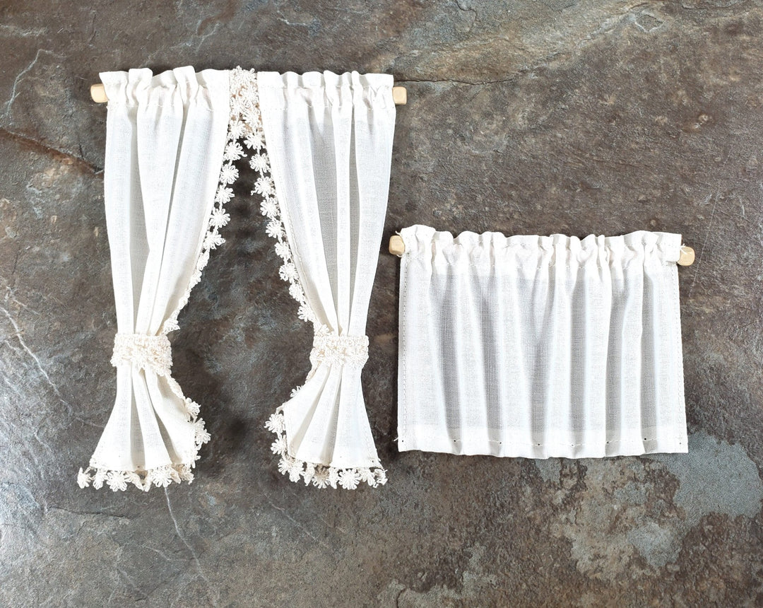 Dollhouse Cafe Curtains Ecru with Lace & Curtain Rod 1:12 Scale Miniature - Miniature Crush