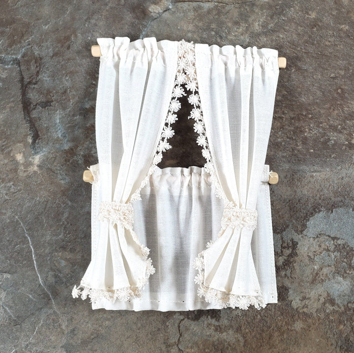 Dollhouse Cafe Curtains Ecru with Lace & Curtain Rod 1:12 Scale Miniature - Miniature Crush