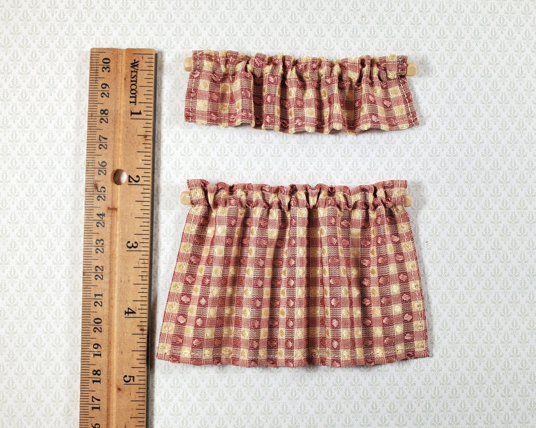 Dollhouse Cafe Curtains Maroon and Beige with Curtain Rod 1:12 Scale Handmade - Miniature Crush