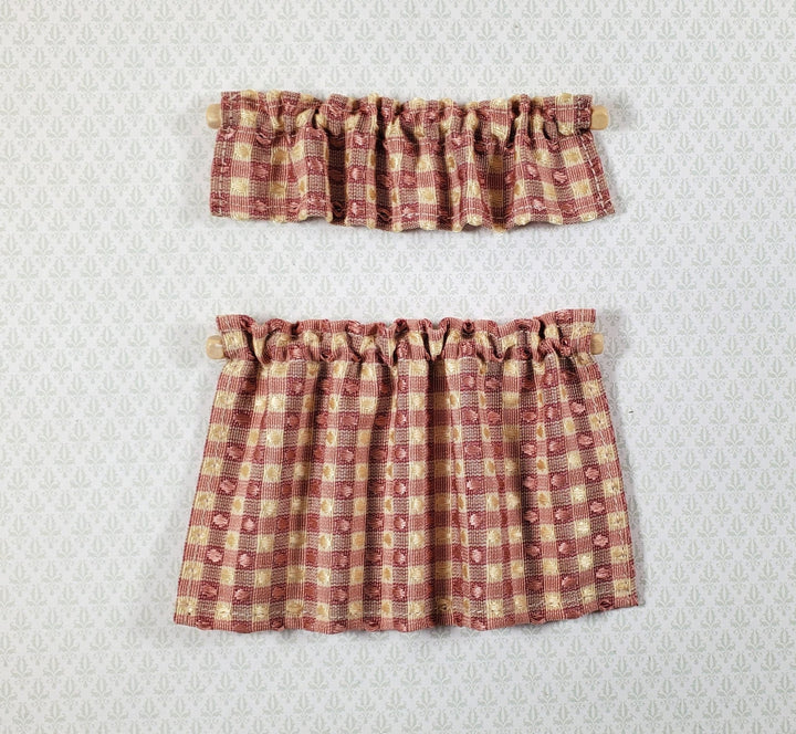 Dollhouse Cafe Curtains Maroon and Beige with Curtain Rod 1:12 Scale Handmade - Miniature Crush