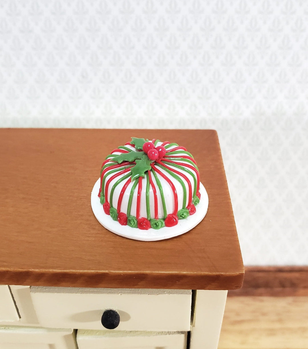 Dollhouse Cake Christmas Striped with Holly 1:12 Scale Miniature Food Dessert - Miniature Crush