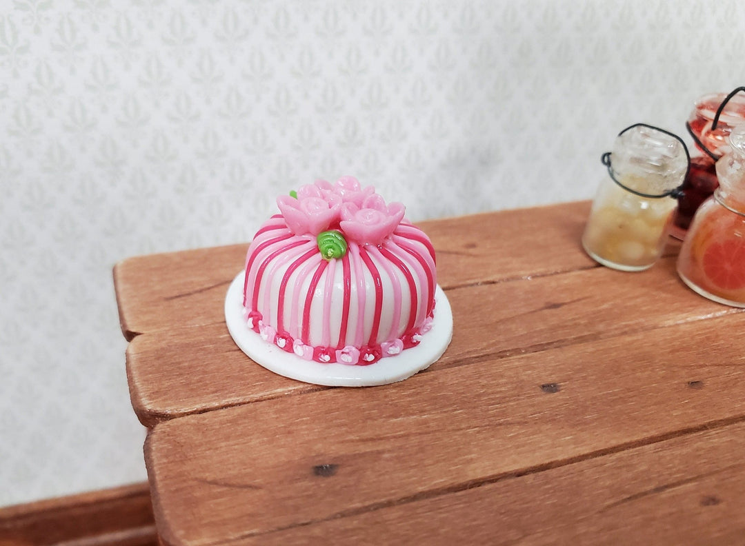 Dollhouse Cake Round Pink & White with Flowers 1:12 Scale Miniature Food Bakery - Miniature Crush