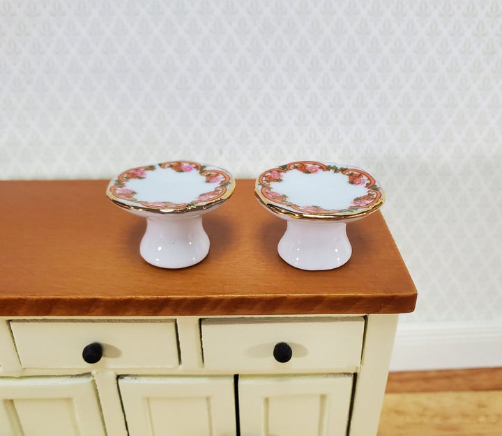 Dollhouse Cake Stands Plates Set of 2 Ceramic Pink & Gold 1:12 Scale Miniatures - Miniature Crush